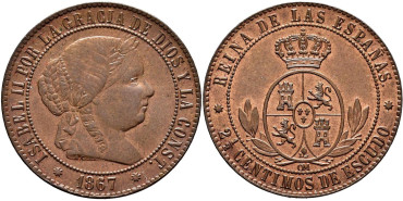 Cy15792.-ISABEL II - 2 1/2 Centimo de escudo 1867 Segovia OM- SC