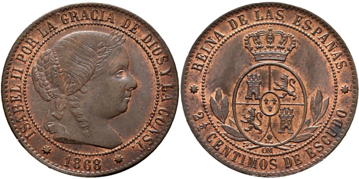 Cy15797.-ISABEL II - 2 1/2 Centimo de escudo 1868 Barcelona OM- SC