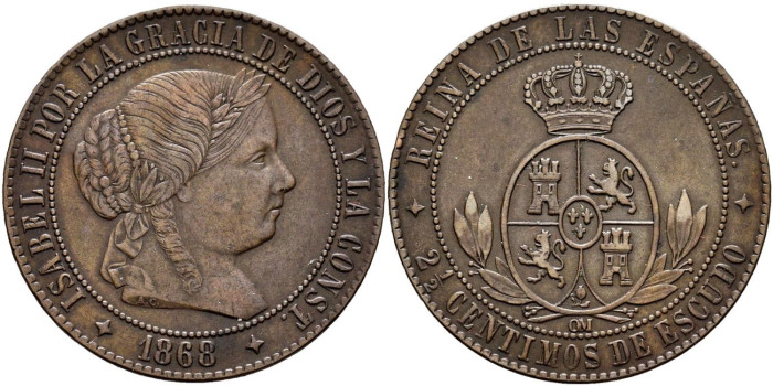 Cy15797.-ISABEL II - 2 1/2 Centimo de escudo 1868 Jubia OM- EBC