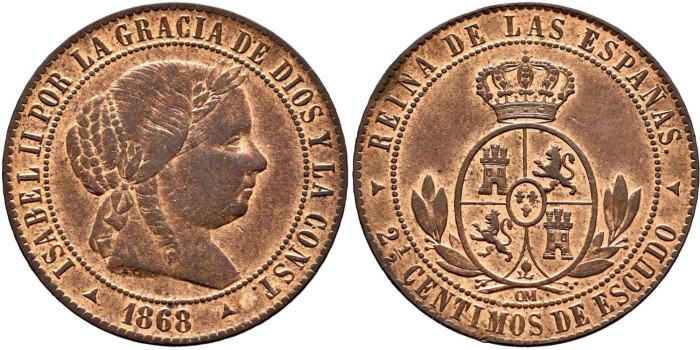 Cy15797.-ISABEL II - 2 1/2 Centimo de escudo 1868 Segovia OM- SC
