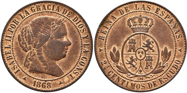 Cy15797.-ISABEL II - 2 1/2 Centimo de escudo 1868 Segovia OM- SC