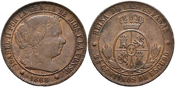 Cy15800.-ISABEL II - 2 1/2 Centimo de escudo 1868 Sevilla OM- EBC