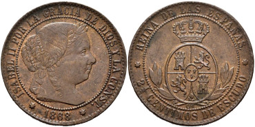 Cy15800.-ISABEL II - 2 1/2 Centimo de escudo 1868 Sevilla OM- EBC