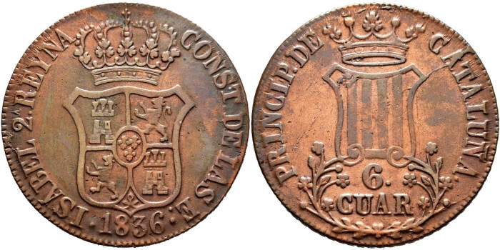 Cy15845.-ISABEL II -  6 Cuartos 1836 Cataluña - MBC+