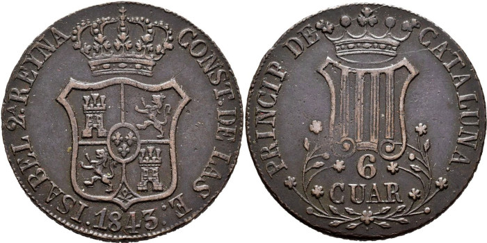 Cy15853.-ISABEL II -  6 Cuartos 1843 Cataluña - MBC+