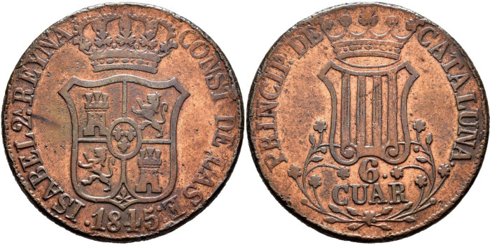 Cy15855.-ISABEL II -  6 Cuartos 1845 Cataluña - MBC+