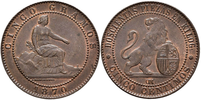 Cy16500k.- G.P Y I REPUBLICA - 5 Centimos 1870 - SC