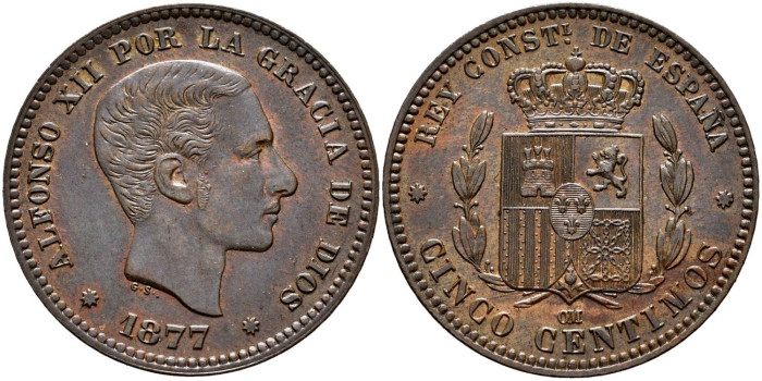 Cy16555K.- ALFONSO XII 5 Centimos 1877 - SC
