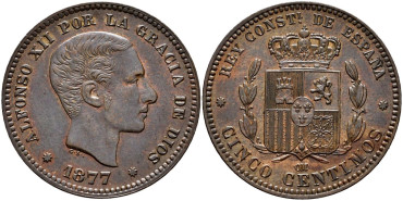 Cy16555K.- ALFONSO XII 5 Centimos 1877 - SC