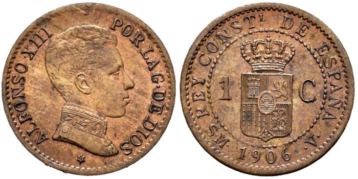 Cy16646k.- ALFONSO XII 1 Centimo 1906 SM-V.  SC . RARA
