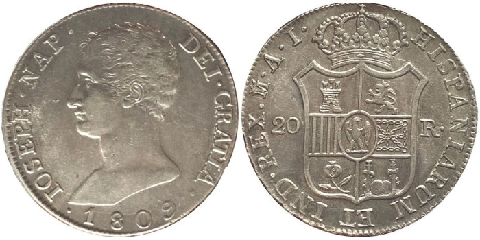 Cy13858.- JOSE NAPOLEON 20 Reales 1809 Madrid A.I.- EBC+