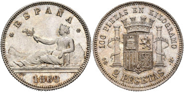 Cy16513.-G.P Y I REPUBLICA 2 Pesetas 1869 S.N.M.-SC