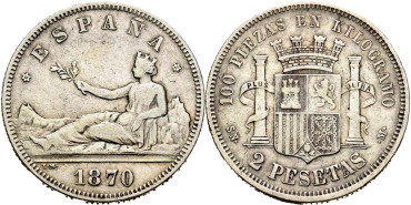 Cy16516E.-G.P Y I REPUBLICA 2 Pesetas 1870(18-70) S.N.M.-MBC