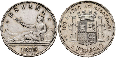 Cy16517.-G.P Y I REPUBLICA 2 Pesetas 1870(18-73) S.N.M.-SC