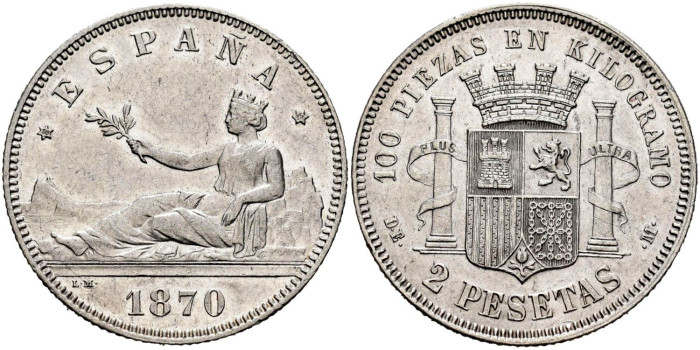 Cy16519.-G.P Y I REPUBLICA 2 Pesetas 1870(18-75) D.E.M.-SC