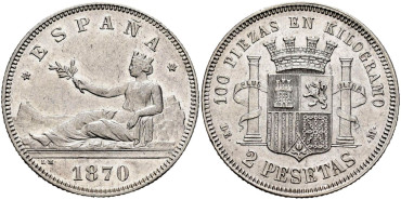 Cy16519.-G.P Y I REPUBLICA 2 Pesetas 1870(18-75) D.E.M.-SC