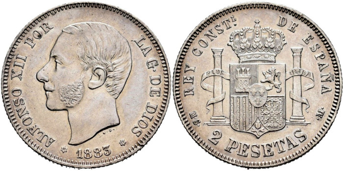 Cy16578.-ALFONSO XII 2 Peseta 1883(18-83)- M.S.M.- SC