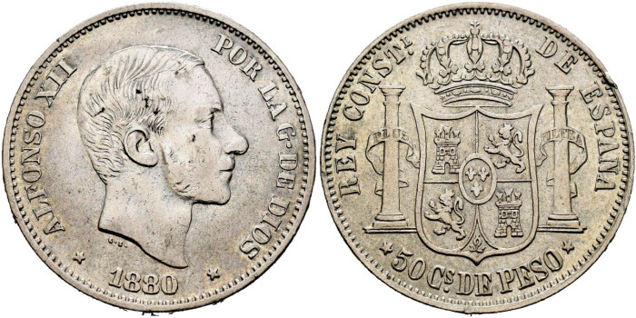 Cy16630.-ALFONSO XII 50 Ctv. Peso 1880 Manila.- EBC-