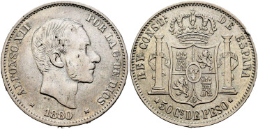 Cy16630.-ALFONSO XII 50 Ctv. Peso 1880 Manila.- EBC-