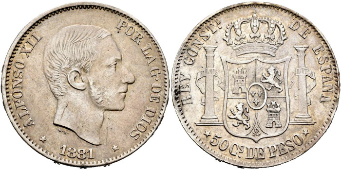 Cy16631.-ALFONSO XII 50 Ctv. Peso 1881 Manila. EBC-