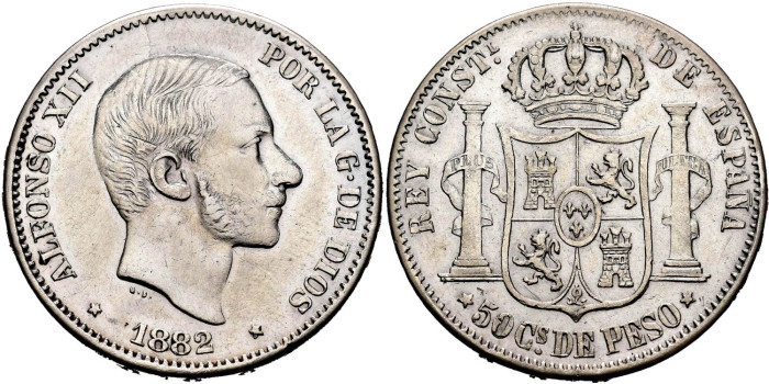 Cy16633.-ALFONSO XII 50 Ctv. Peso 1882 Manila.- SC