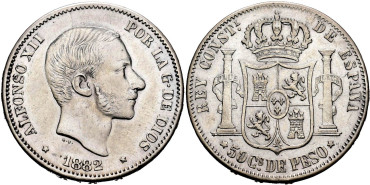 Cy16633.-ALFONSO XII 50 Ctv. Peso 1882 Manila.- SC