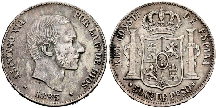 Cy16635.-ALFONSO XII 50 Ctv. Peso 1883 Manila.- MBC+