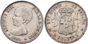 Cy16689.-ALFONSO XIII 2 Pesetas 1891(18-91) -P.G.M.- EBC+