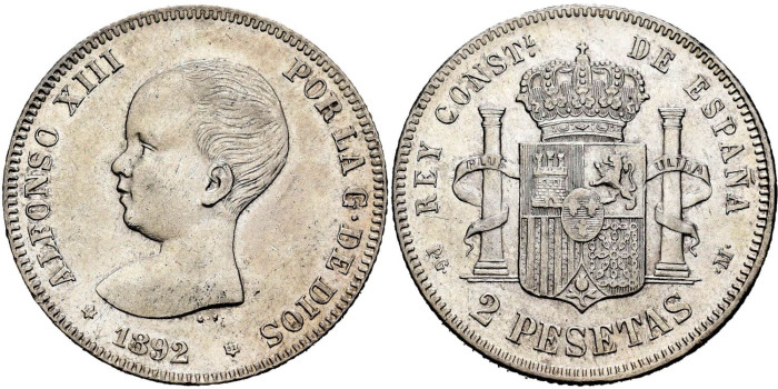 Cy16690.-ALFONSO XIII 2 Pesetas 1892(18-92) -P.G.M.- EBC+