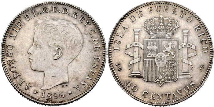 Cy16718.-ALFONSO XIII 40 Ctv. De Peso 1896 Puerto Rico.-EBC-