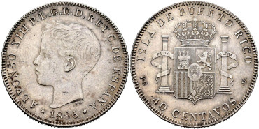 Cy16718.-ALFONSO XIII 40 Ctv. De Peso 1896 Puerto Rico.-EBC-