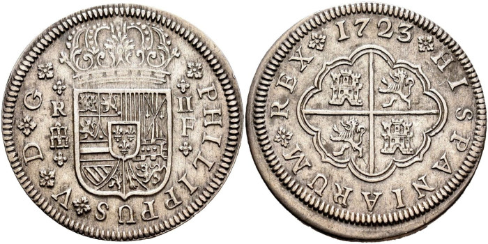 Cy08173.-FELIPE V - 2 Reales 1723/22 Segovia F.-MBC+