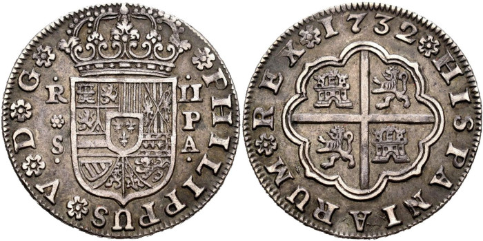 Cy08253.-FELIPE V - 2 Reales 1732 Sevilla P.A.-EBC