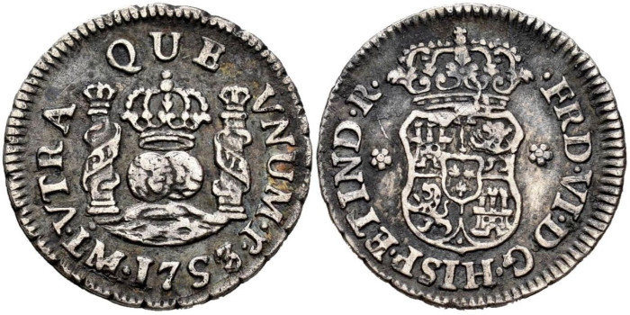 Cy09497.-FERNANDO VI - 1/2 Real Columnario 1753/52 Lima J.-MBC+