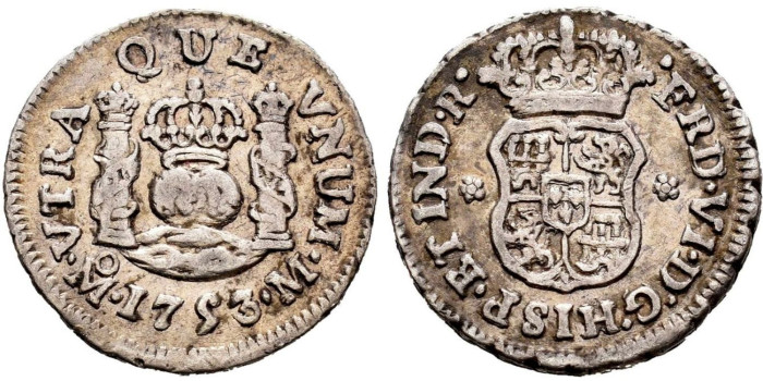 Cy09500.-FERNANDO VI - 1/2 Real Columnario 1753 Mexico M.-MBC