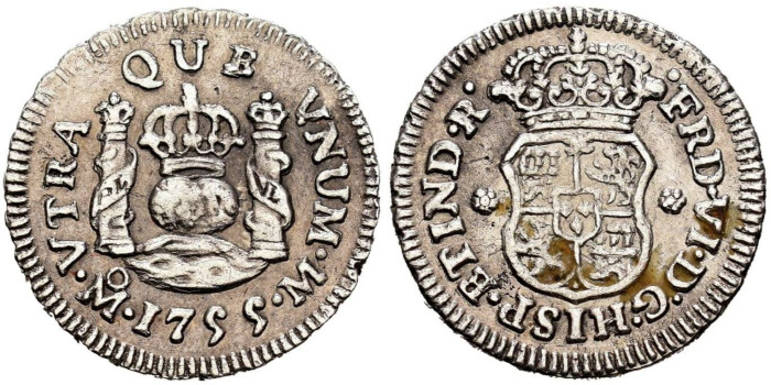 Cy09515.-FERNANDO VI - 1/2 Real  Columnario 1755 Mexico M.-MBC+
