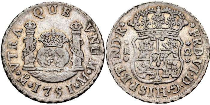 Cy09683.-FERNANDO VI - 2 Reales Columnario 1751 Mexico M.-MBC+