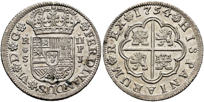 Cy09707.-FERNANDO VI - 2 Reales 1754 Sevilla P.J.-EBC