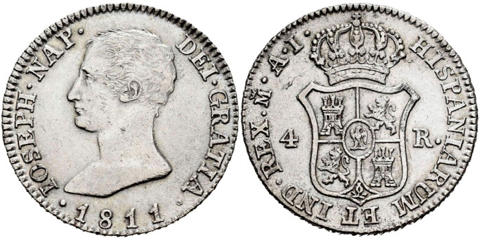 Cy13830.-JOSE NAPOLEON - 4 Reales 1811 Madrid A.I.-EBC-