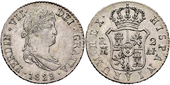 Cy14770.-FERNANDO VII - 2 Reales 1829 Madrid A.J.-EBC+