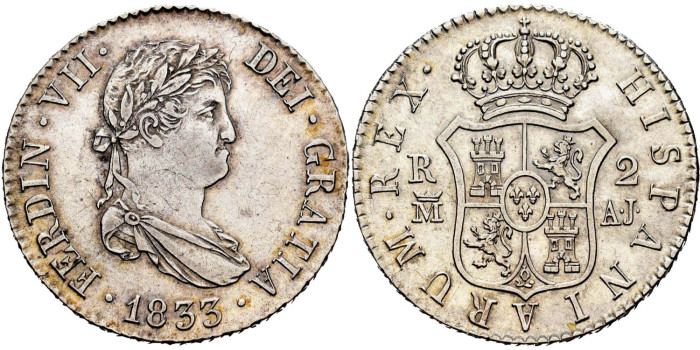 Cy14779.-FERNANDO VII - 2 Reales 1833 Madrid A.S.-SC