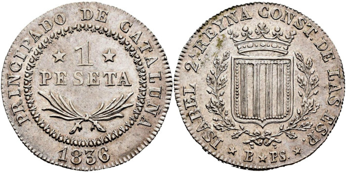 Cy16069.-ISABEL II - 1 Peseta 1836 Cataluña B-PS.-EBC+