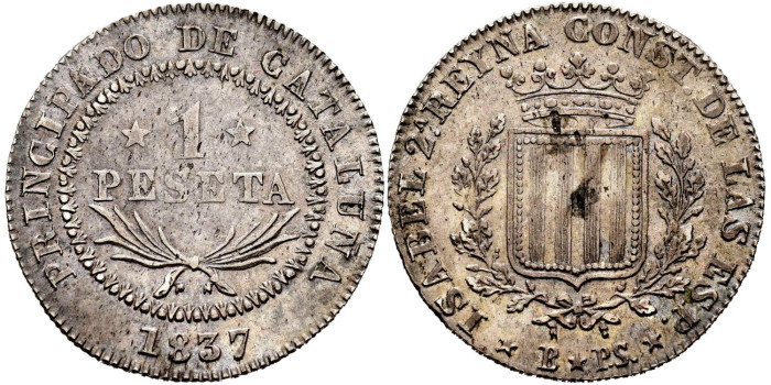 Cy16075.-ISABEL II - 1 Peseta 1837 Cataluña P.S.-MBC+