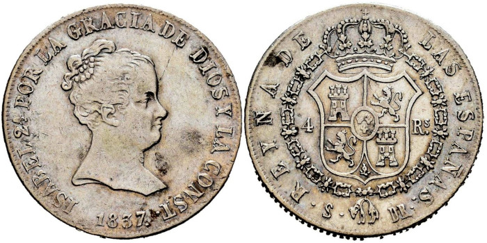 Cy16077.-ISABEL II - 4 Reales 1837 Sevilla D.R.-MBC+