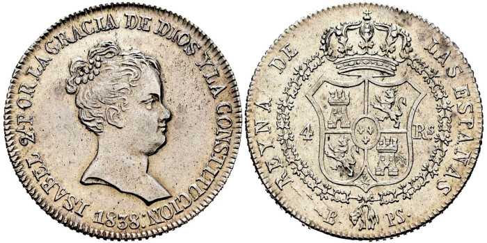 Cy16078.-ISABEL II - 4 Reales 1838 Barcelona P.S.-EBC+