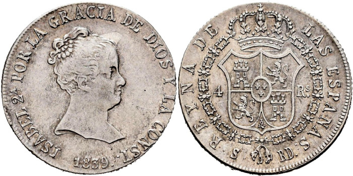 Cy16085.-ISABEL II - 4 Reales 1839 Sevilla R.D.-EBC-