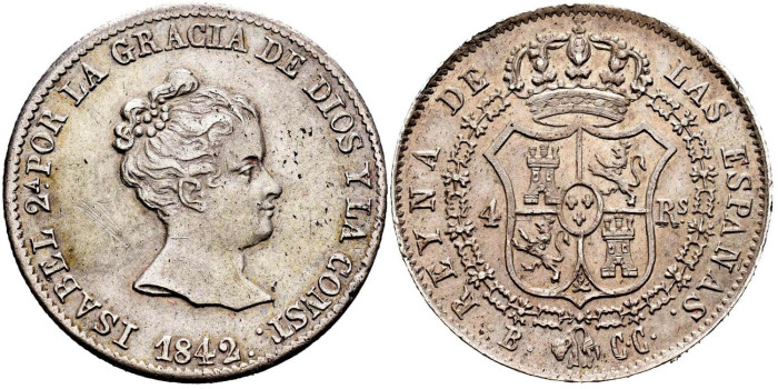Cy16099.-ISABEL II - 4 Reales 1842 Barcelona 1842 C.C.-MBC+