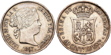 Cy16173.-ISABEL II -  40 Ctm. Escudo 1867 Madrid.-EBC