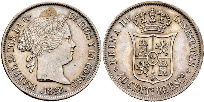 Cy16175.-ISABEL II -  40 Ctm. Escudo 1868 (18-68) Madrid.-EBC