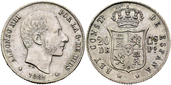 Cy16625H.- ALFONSO XII 20 Ctm. de Peso 1881 Manila - MBC+